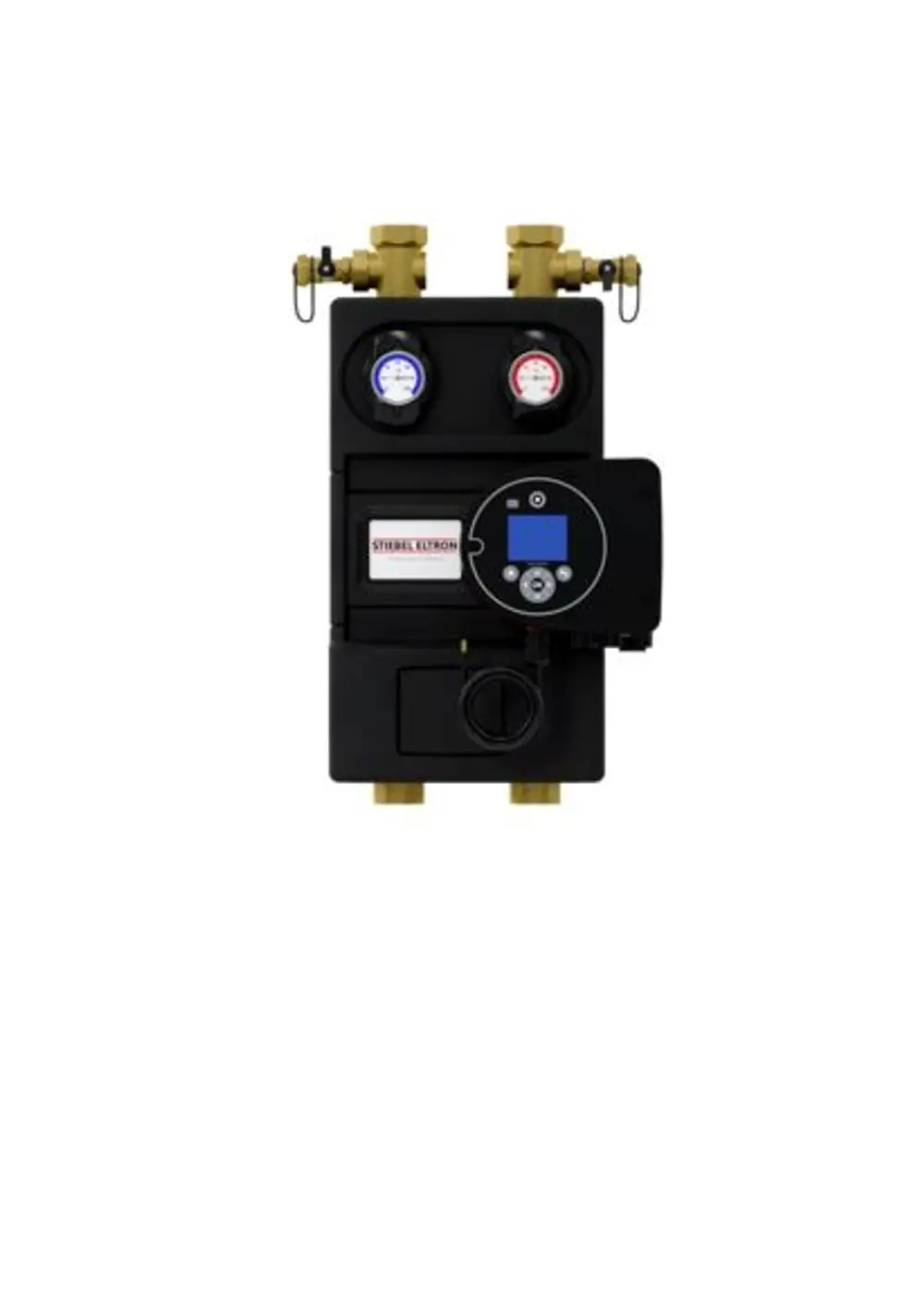 Schwarzes STIEBEL ELTRON Netzpumpenmodul PM-G 1 mit Messgeräten und Bedienelementen.
